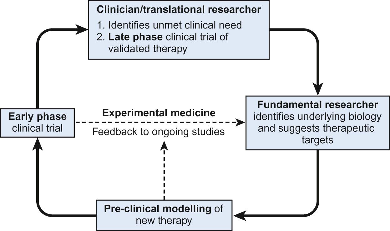 Fig. 37.2, Cyclical process of clinical trial design – identifying a clinical need, investigating the underlying biology, validating and testing a novel therapeutic approach, including feedback to ongoing fundamental studies, and undertaking late phase clinical trial.