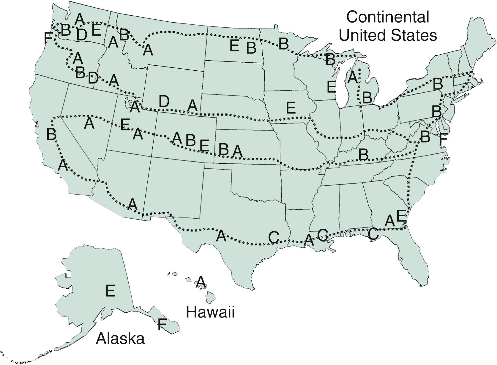 FIGURE 189.2, Natural occurrence of Clostridium botulinum spores by toxin type. Data primarily represent 4 east-west crossings of the US (dotted lines) during which soil samples were collected every 50 miles. Multiple samplings were positive in some states (not shown).