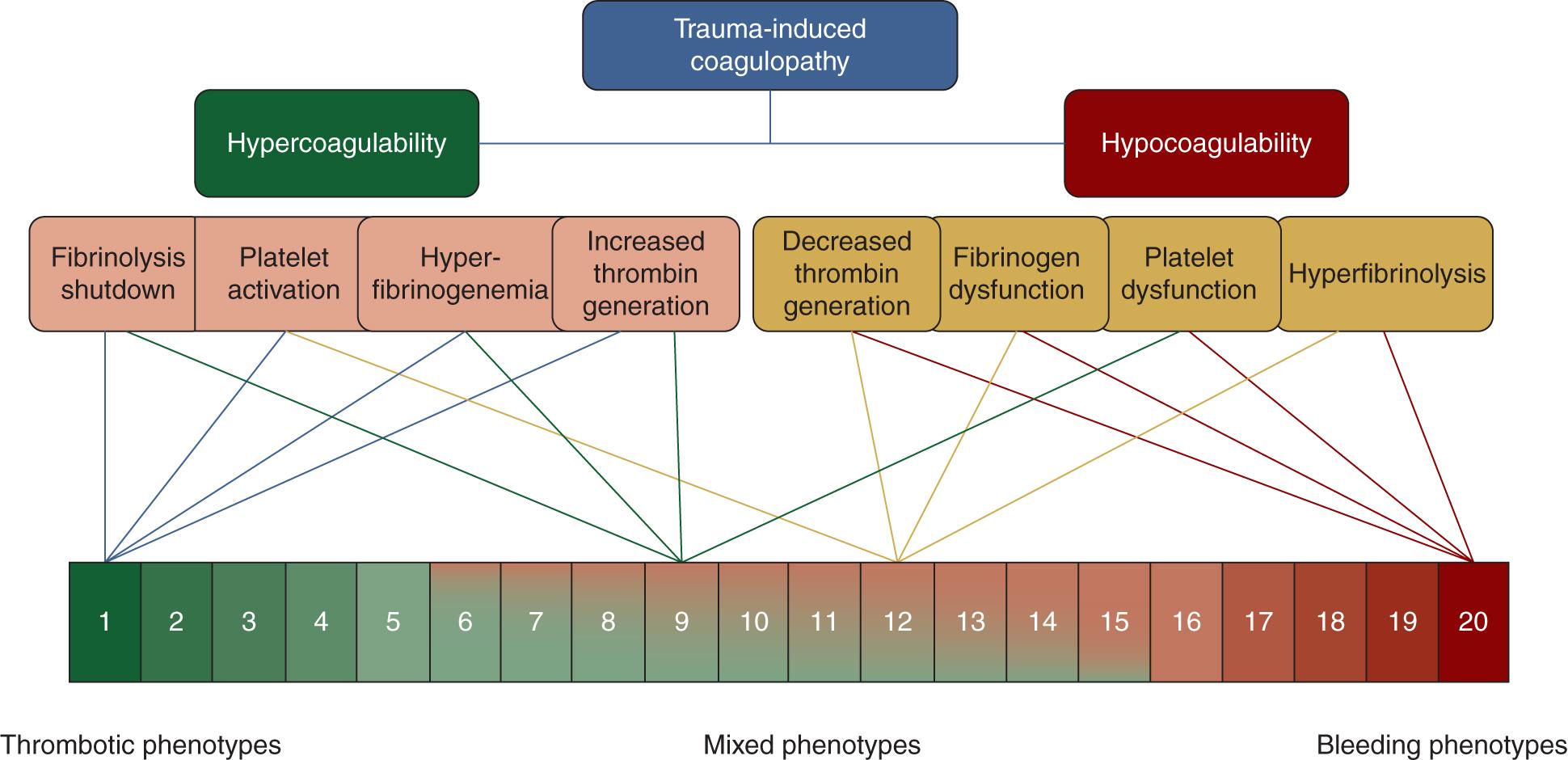 Fig. 22.3, Severe injury can provoke a myriad of trauma-induced coagulopathy (TIC) phenotypes that generally begin with uncontrolled bleeding and progress to thrombotic complications.