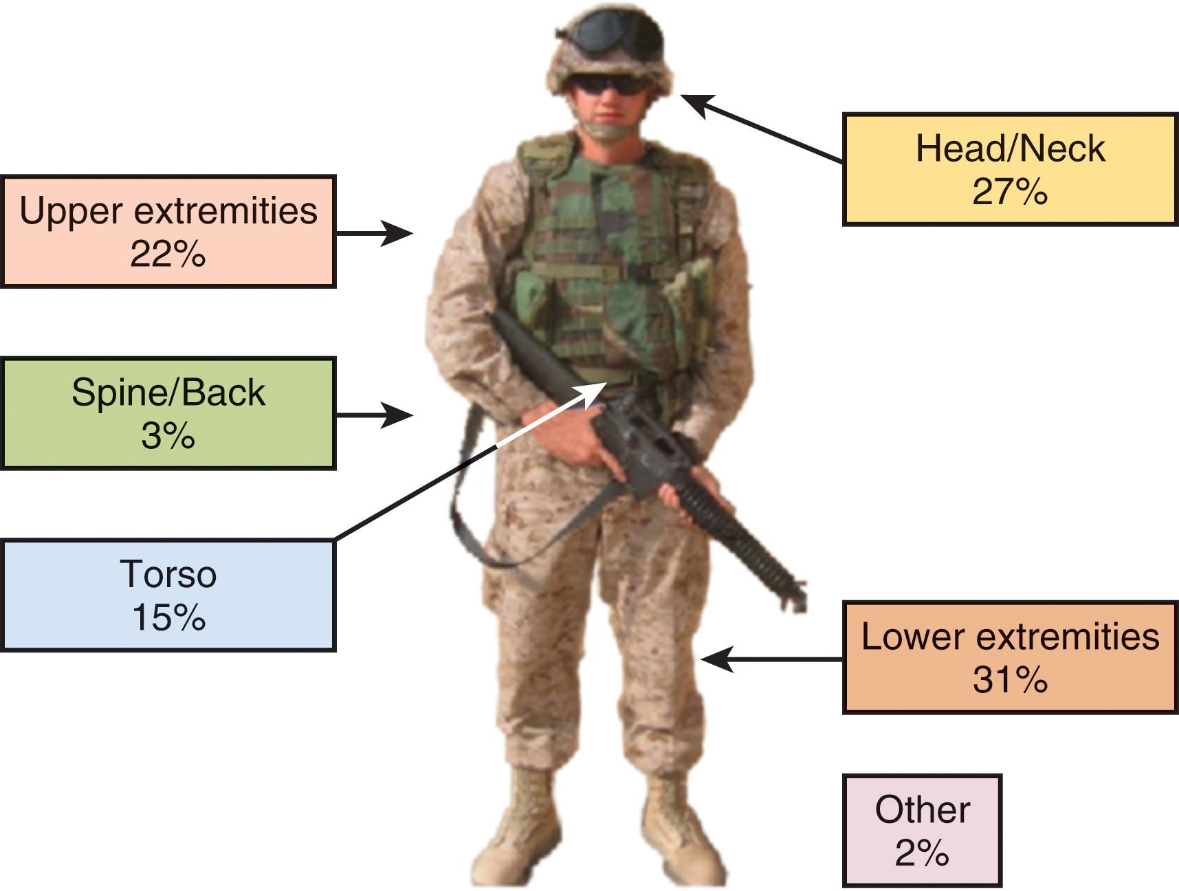 FIGURE 3, Distribution of combat injuries in Iraq and Afghanistan.