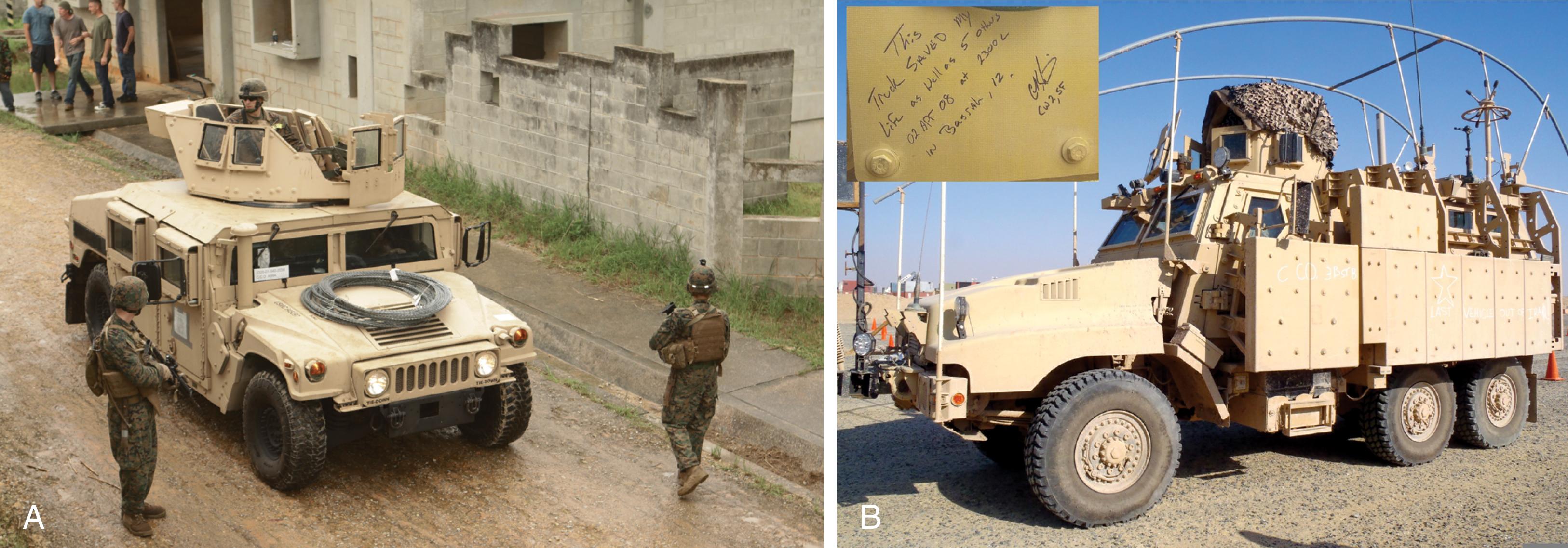 FIGURE 4, Improvement in military vehicles to enhance survival from explosive blasts included (A) enhancement (“up-armoring”) of current vehicles such as the High Mobility Multipurpose Wheeled Vehicle (HMMWV or “Humvee”) and (B) the deployment of newly designed Mine-Resistant Ambush Protected (MRAP) vehicles. The inset shows an inscription written on the side panel of an MRAP that was struck by an improvised explosive device with no passenger injuries.