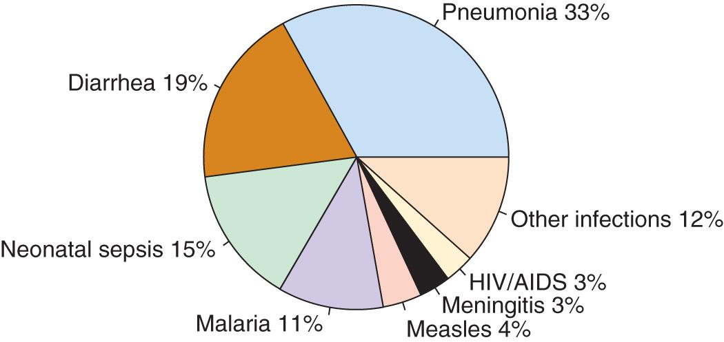 Fig. 428.1, Pneumonia is the leading infectious killer of children worldwide, as shown by this illustration of global distribution of cause-specific infectious mortality among children younger than age 5 yr in 2015. Pneumonia causes one-third of all under-5 deaths from infection.