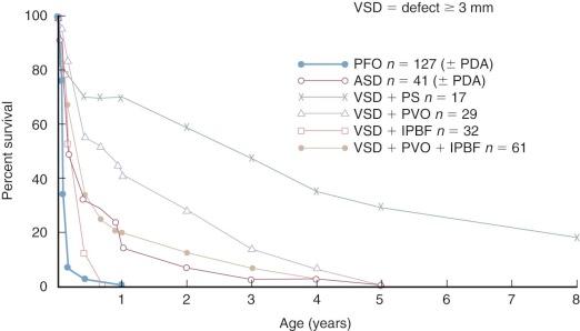 Figure 52-27, Survival of various subsets of patients with transposition of great arteries. Key: ASD, Atrial septal defect; IPBF, increased pulmonary blood flow; PFO, patent foramen ovale; PS, pulmonary stenosis; PVO, pulmonary vascular obstructive disease; VSD, ventricular septal defect.