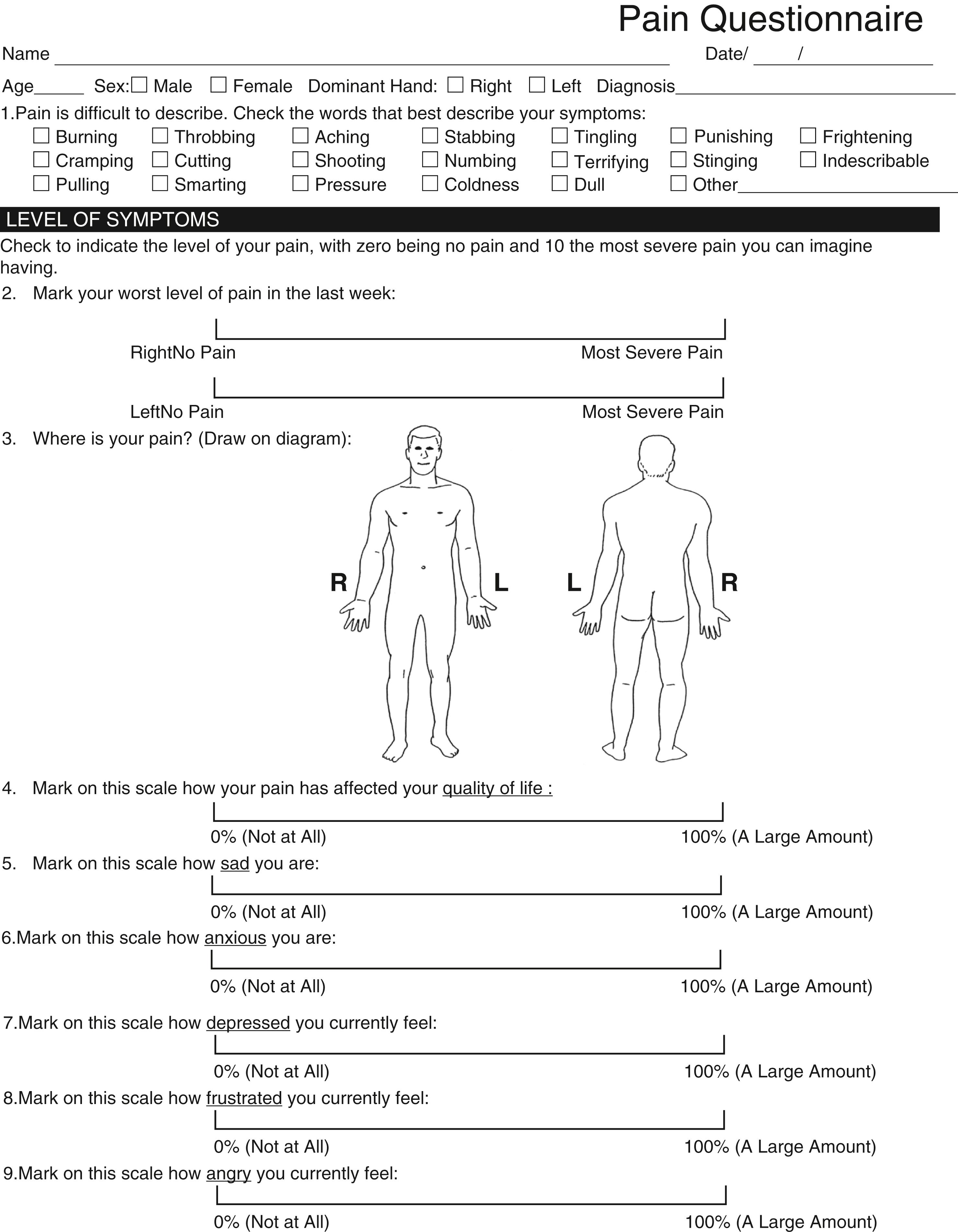 Fig. 28.3, The pain evaluation questionnaire consists of pain adjectives, a body diagram, a questionnaire, and visual analog scales scored from 0 to 10 for pain, stress, and coping. Patients who select more than three adjectives, draw a pain pattern that does not follow a known anatomic pattern, or score more than 20 on the questionnaire are considered positive for that component. Patients who score positive in more than two components are considered for psychological or psychiatric evaluation before any surgical intervention.