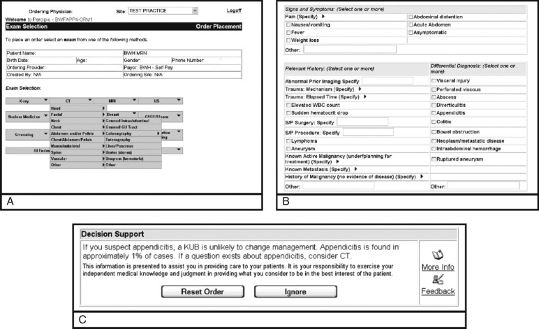 FIG 2-1, Screen shots from an example software package providing clinical decision support. A, Radiology orders that may be selected by the ordering physician. B, Entry screen for the patient history and indications for the exam. C, Results for a sample clinical decision support scenario with guidance to the ordering physician if the ordered exam is not appropriate.