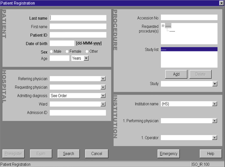 FIG 2-6, Screen shot of a typical patient registration screen from the scanner console. If a patient is scheduled in the RIS worklist, the patient may be selected from a list, and a number of the fields may be automatically populated.