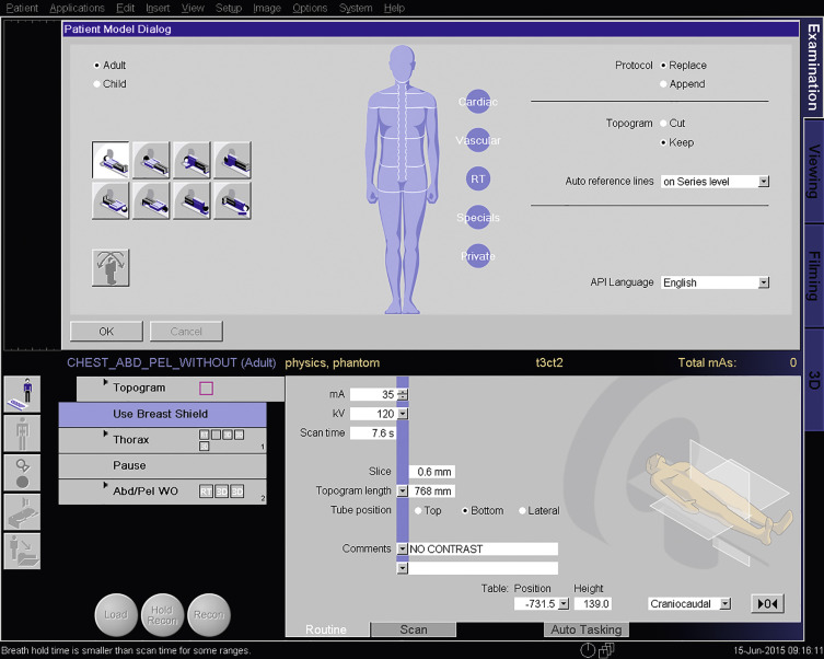 FIG 2-7, The CT operator is presented with a protocol selection screen following patient registration. This screen shot shows an example of the protocol selection screen. The operator will typically be allowed to select from an adult or pediatric set of protocols and select one from a group of different body regions.