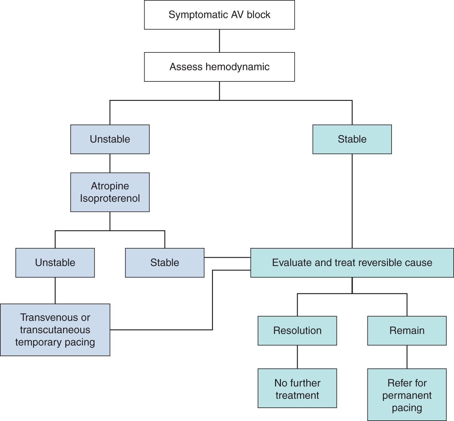 Fig. 73.3, Acute Management of Symptomatic Atrioventricular ( AV ) Block.