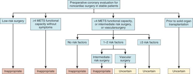 Fig. 8.2, Appropriate use criteria for preoperative coronary angiography for patients without prior noninvasive stress testing. METS , Metabolic equivalents.