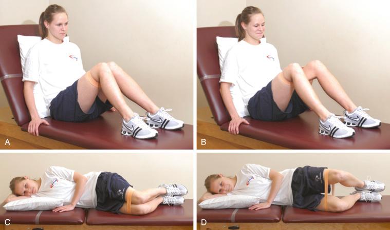 FIG 29-7, The clamshell exercise is performed in either the long-sitting ( A and B ) or the side-lying ( C and D ) position.