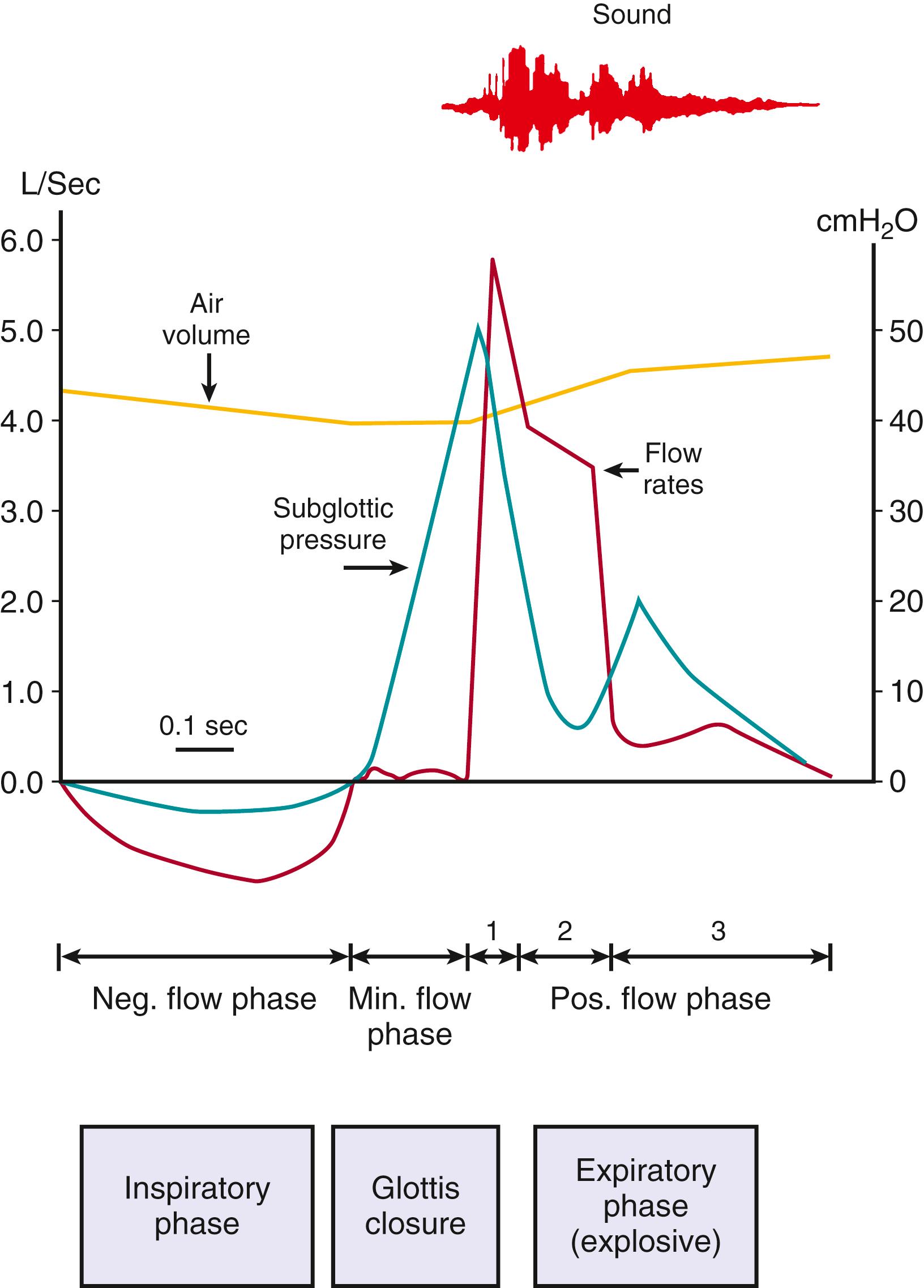 Fig. 3.1, Cough mechanics, showing changes in expiratory flow rate, air volume, subglottic pressure, and sound recording during cough.