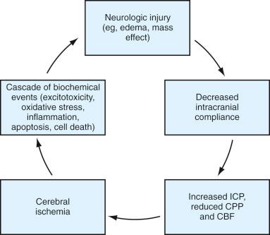 Figure 26.1, Cerebral ischemia—the end product of a consistently propagating vicious cycle following an initial neurologic injury. CBF, cerebral blood flow; CPP, cerebral perfusion pressure; ICP, intracranial pressure.