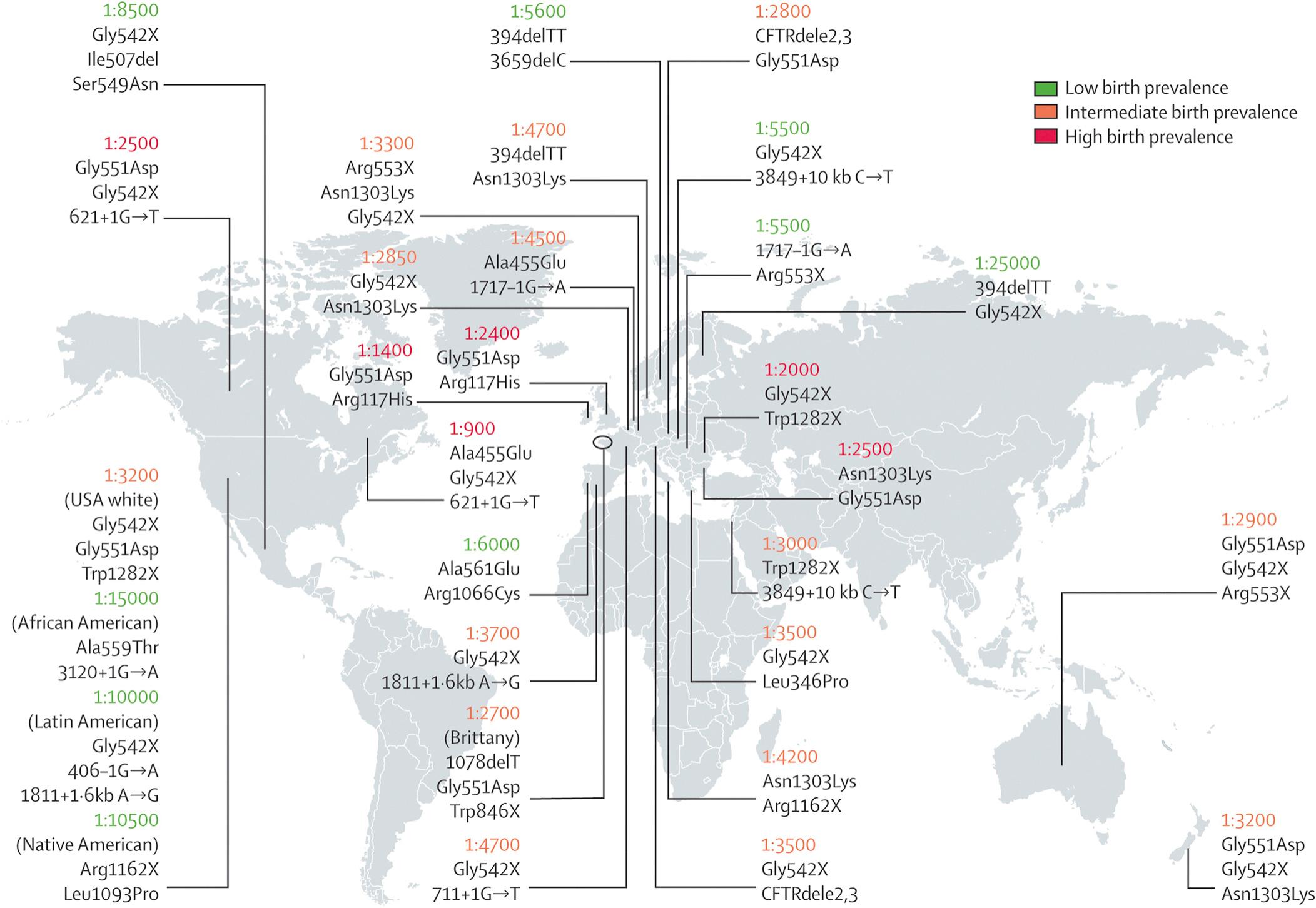 Fig. 432.1, Approximate cystic fibrosis birth prevalence and common mutations for selected countries. Birth prevalence is reported as number of live births per case of cystic fibrosis. Common/important mutations in each region are listed below the prevalence figures. The birth prevalence can vary greatly among ethnic groups in a country.