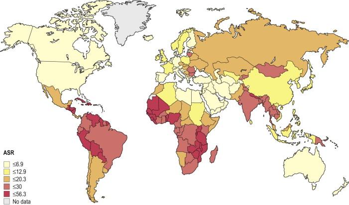 Figure 3-1, World age-standardized incidence rates (ASR) of cervical cancer 2008. Rates per 100 000 women per year.