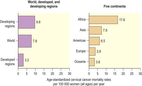 Figure 3-2, Incidence and mortality rates of cervical cancer in the Nordic countries, 1958–97 (mortality available up to 1996). Whole female population, adjusted for age to the world standard population (Laara et al.; 18 Engeland et al.; 19 Hristova and Hakama; 20 Parkin et al.; 21 Moller et al.; 22 EUROCIM (European Network of Cancer Registries) database). 21 74 75 76 77