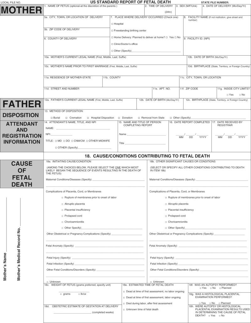 Figure 14-2, Front side of the U.S. Standard Report of Fetal Death.