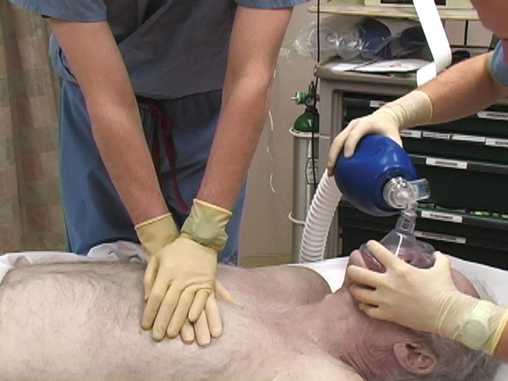 Figure 12.4, High-quality cardiopulmonary resuscitation is essential in the resuscitation of victims of sudden cardiac arrest. Push hard to a depth of 2+ inches and +fast at a rate of 100 compressions per minute. Minimize interruptions and avoid overventilating the patient. Allow full recoil of the chest between compressions.
