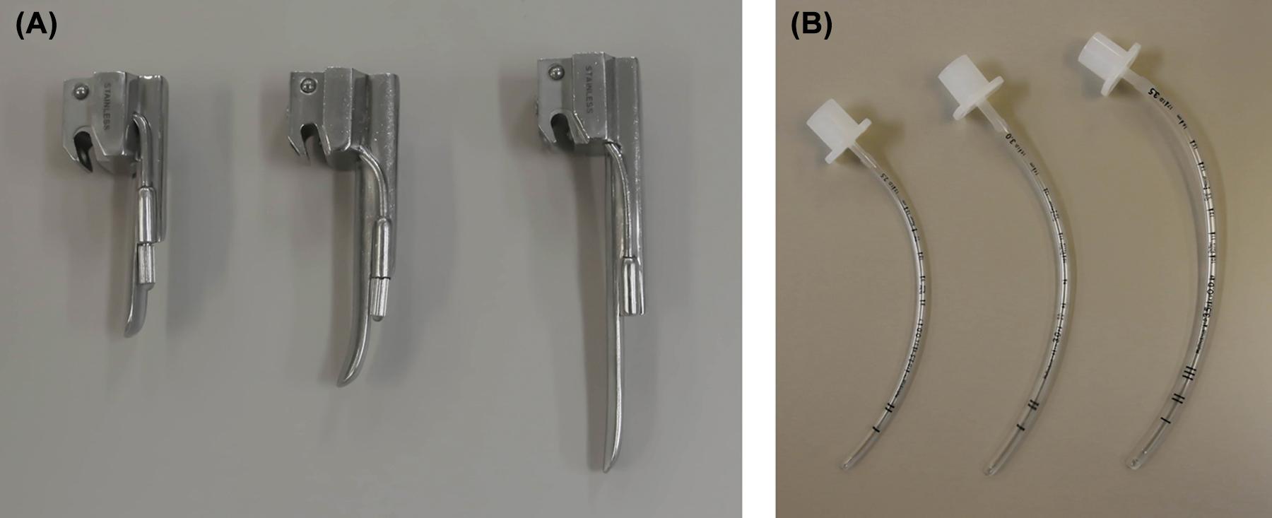 Fig. 3.3, Examples of (A) laryngoscopes and (B) endotracheal tubes.