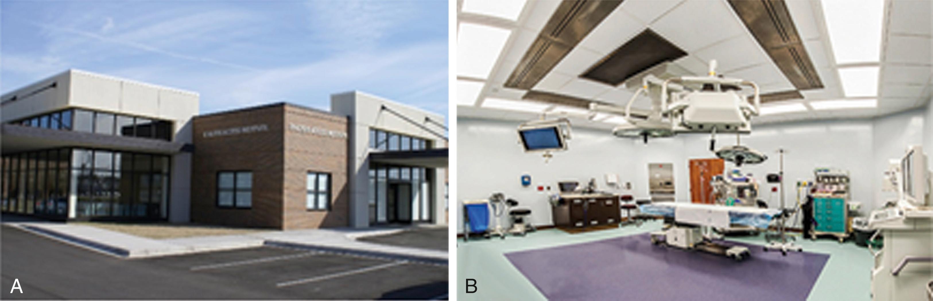 Figure 199.1, The complete dialysis access center has its own physical building ( A ), ideally attached to a hospital with access to acute dialysis, advanced radiology services (i.e., CT, MRI), and several spatial operating suites ( B ) fully equipped for anesthesia, mobile C-arms. The access center serves as a referral point for a larger geographic area in a collaborative spirit where patients are triaged and treated in one visit (“same day shopping”).