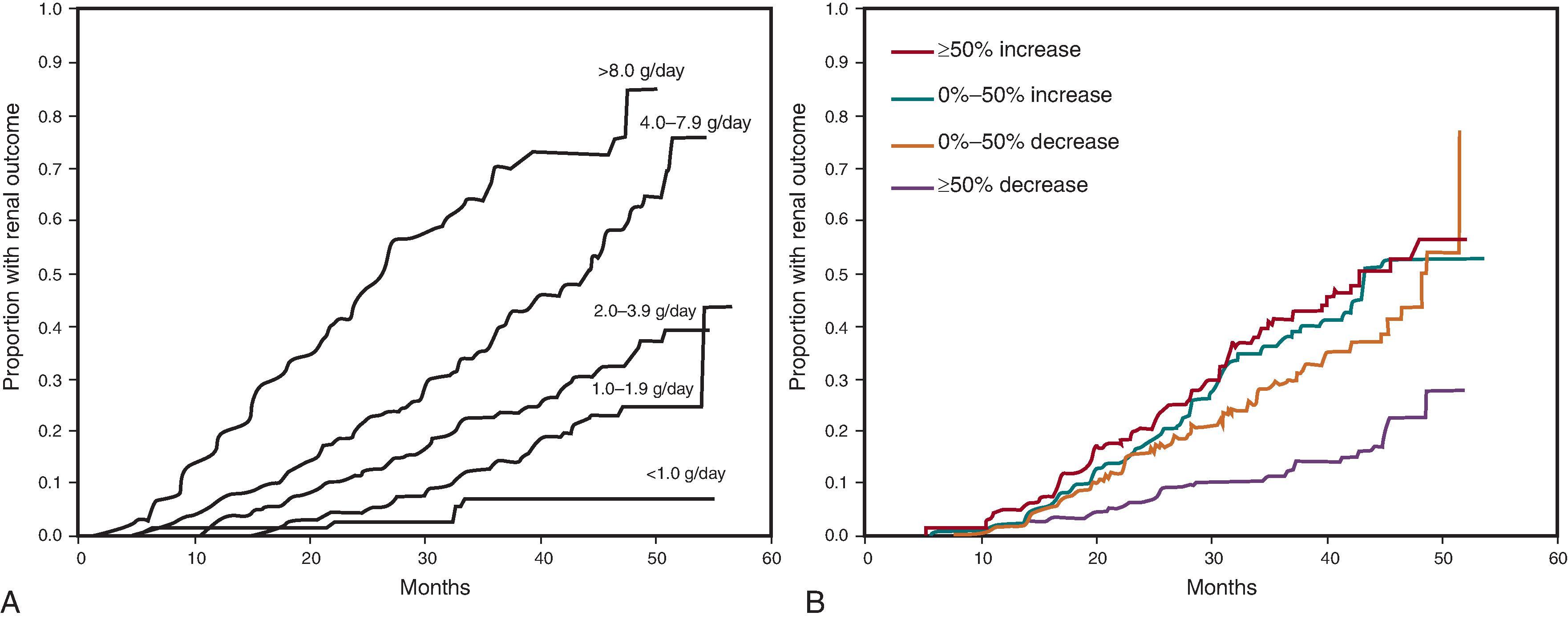 Fig. 50.7, (A) Kaplan-Meier analysis of doubling of a baseline serum creatinine level, serum creatinine level of ≥6.0 mg/dL, or the development of ESKD by baseline proteinuria values. (B) Kaplan-Meier analysis of doubling of a baseline serum creatinine level, serum creatinine level of ≥6.0 mg/dL, or the development of ESKD by level of proteinuria change in the first 12 months. (From Atkins RC, Briganti EM, Lewis JB, et al. Proteinuria reduction and progression to kidney failure in patients with type 2 diabetes mellitus and overt nephropathy. Am J Kidney Dis . 2005;45:283.)