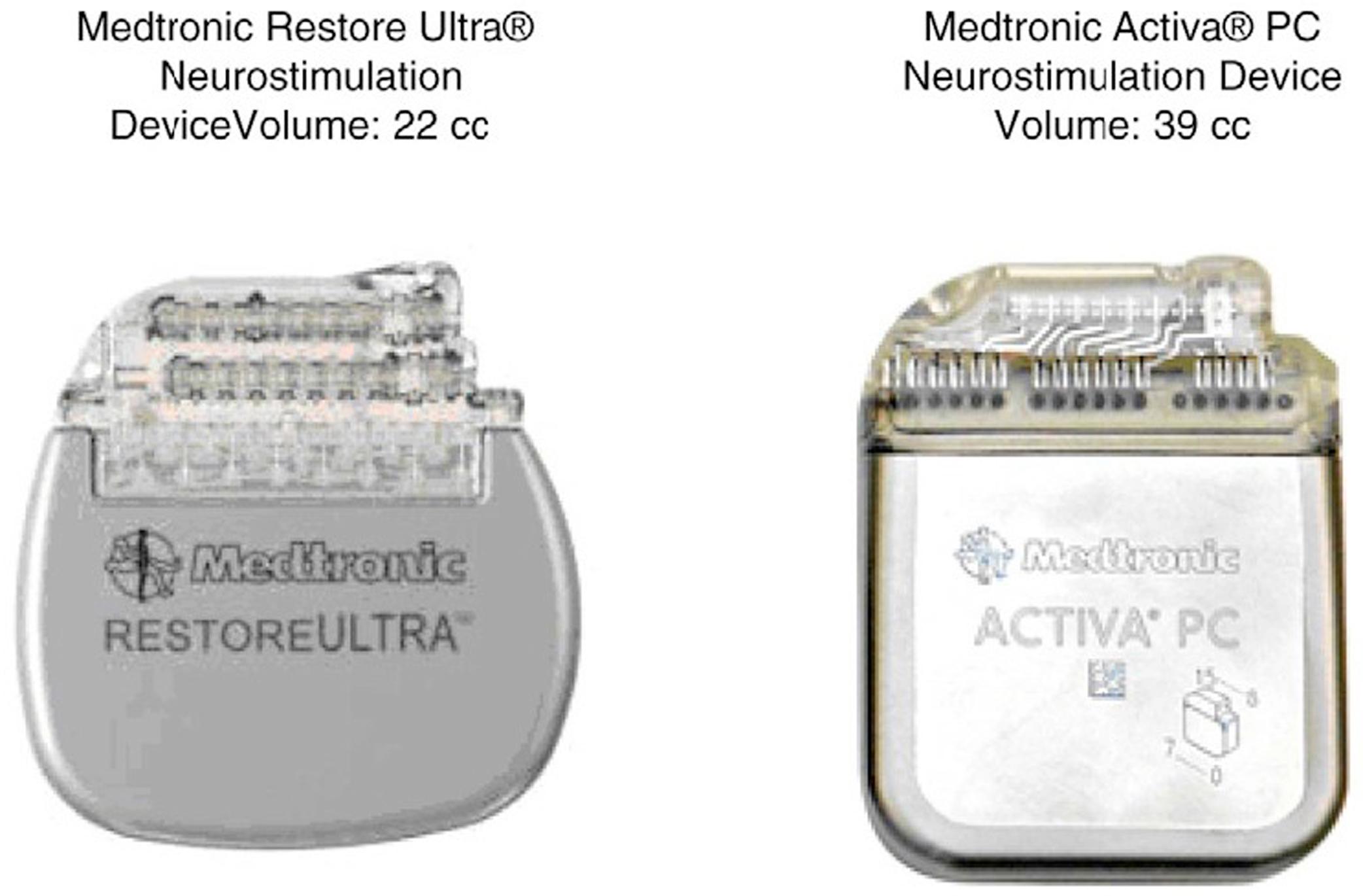 Figure 8.3, Form factors of implantable neurostimulation devices. Left : SCS rechargeable device with control of up to 16 electrodes. Right : DBS device containing a primary power source.