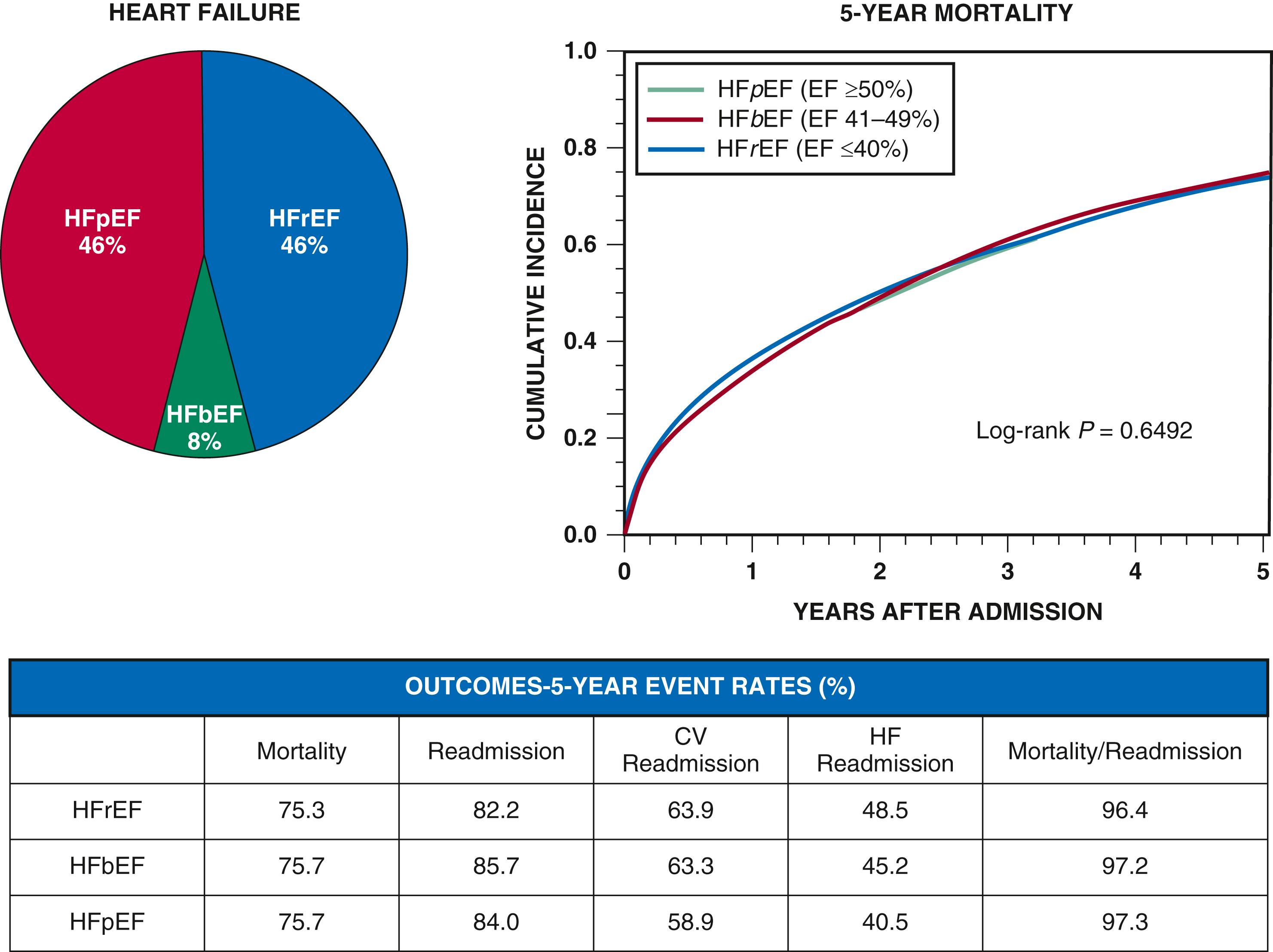 FIGURE 49.2, Outcomes after acute heart failure (AHF) hospitalization by ejection fraction. HFbEF , HF with borderline ejection fraction; HFpEF , HF with preserved ejection fraction; HFrEF , HF with reduced ejection fraction.