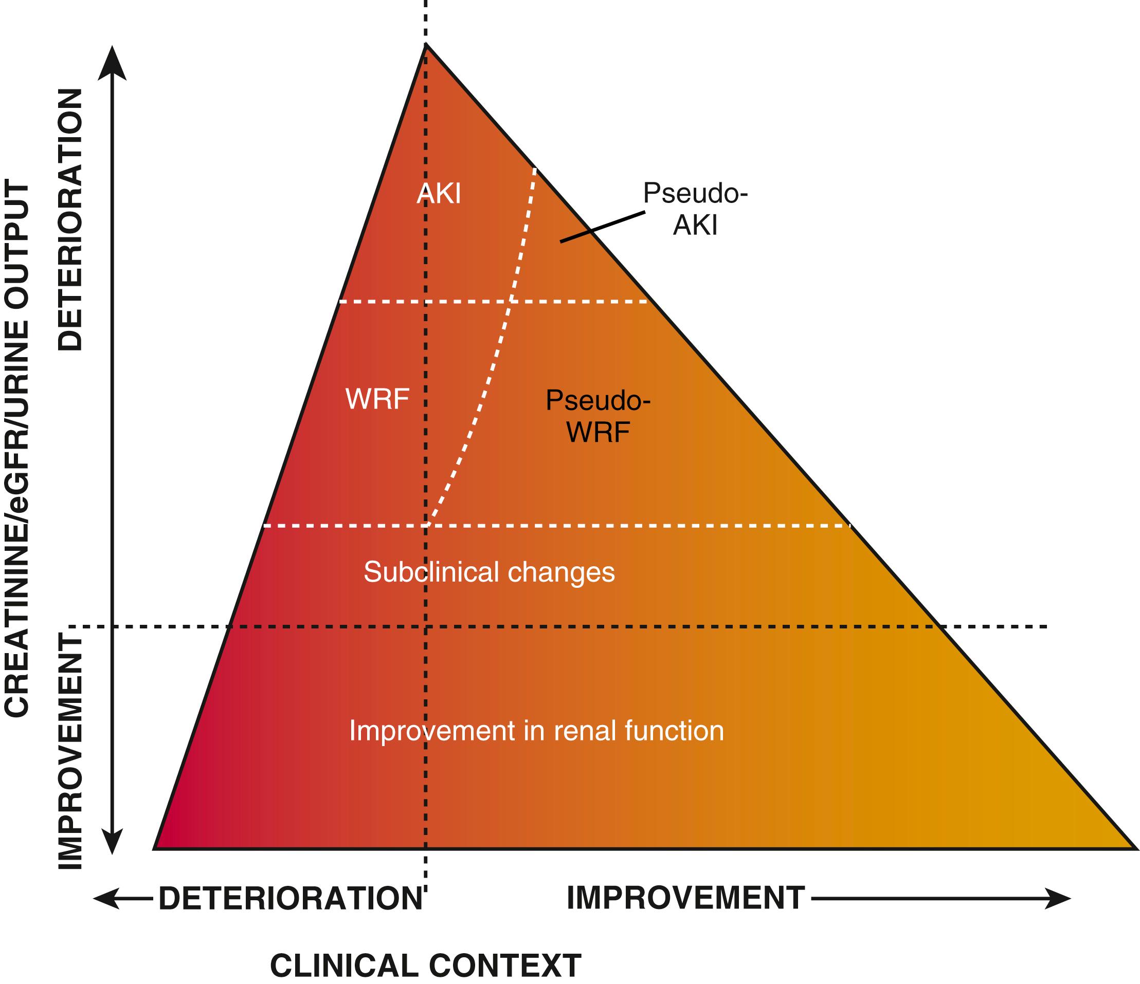 FIGURE 49.5, Schematic of changes in renal function within different clinical context in acute heart failure. AKI, acute kidney injury; WRF, worsened renal function.