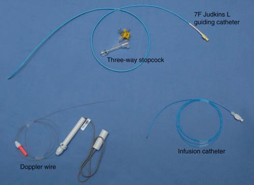 Fig. 38.2, Equipment used in functional angiography, including a guide catheter and three-way stopcock (top) , 3-Fr infusion catheter (bottom right) , and Doppler wire (bottom left) .