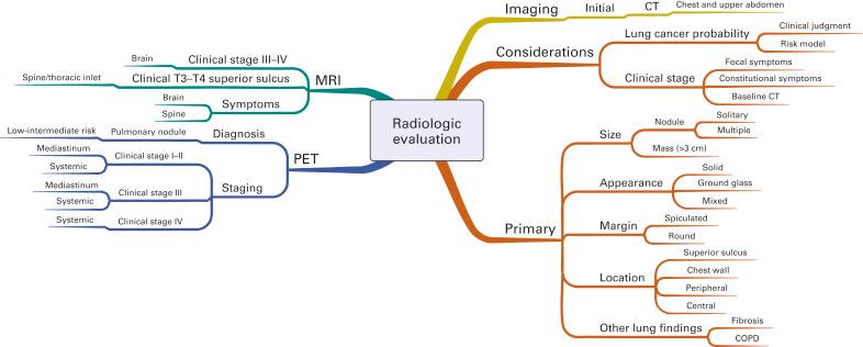 Fig. A.2, Radiographic evaluation of lung cancer. COPD, Chronic obstructive pulmonary disease; CT, computed tomography; MRI, magnetic resonance imaging; PET, positron emission tomography.