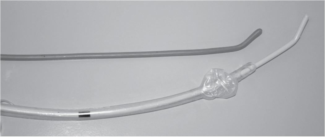 Fig. E1.6, Two bougie models are shown (tracheal tube introducer). Note the characteristic 30-degree angle. The Coude tip allows manipulation of the bougie underneath the epiglottis to increase its rate of passage through the laryngeal opening.