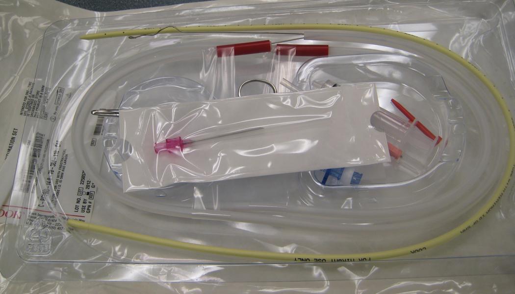 Fig. E1.16, Cook Critical Care prepackaged retrograde wire intubation kit. Use of the ILMA should be learned before its deployment in an emergency airway crisis. Training on a mannequin or humans under elective conditions by a skilled practitioner is best.