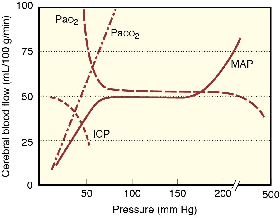 Fig. 13.1, Impact of intracranial pressure (ICP), Pao 2 , Paco 2 , and mean arterial pressure (MAP) on cerebral blood flow.