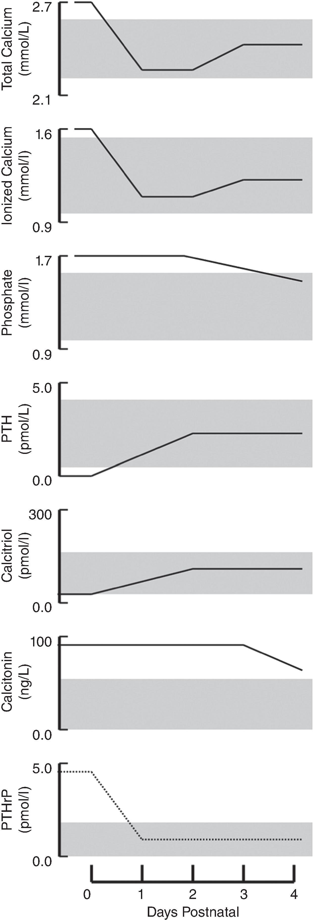 Fig. 28.2, Mineral and Hormone Levels Over the First Four Postnatal Days. Shaded areas denote normal values in adults. (Reproduced from Ryan BA, Kovacs CS. Calciotropic and phosphotropic hormones in fetal and neonatal bone development. Semin Neonatal Fetal Med. 2020;25[1]:101062.)