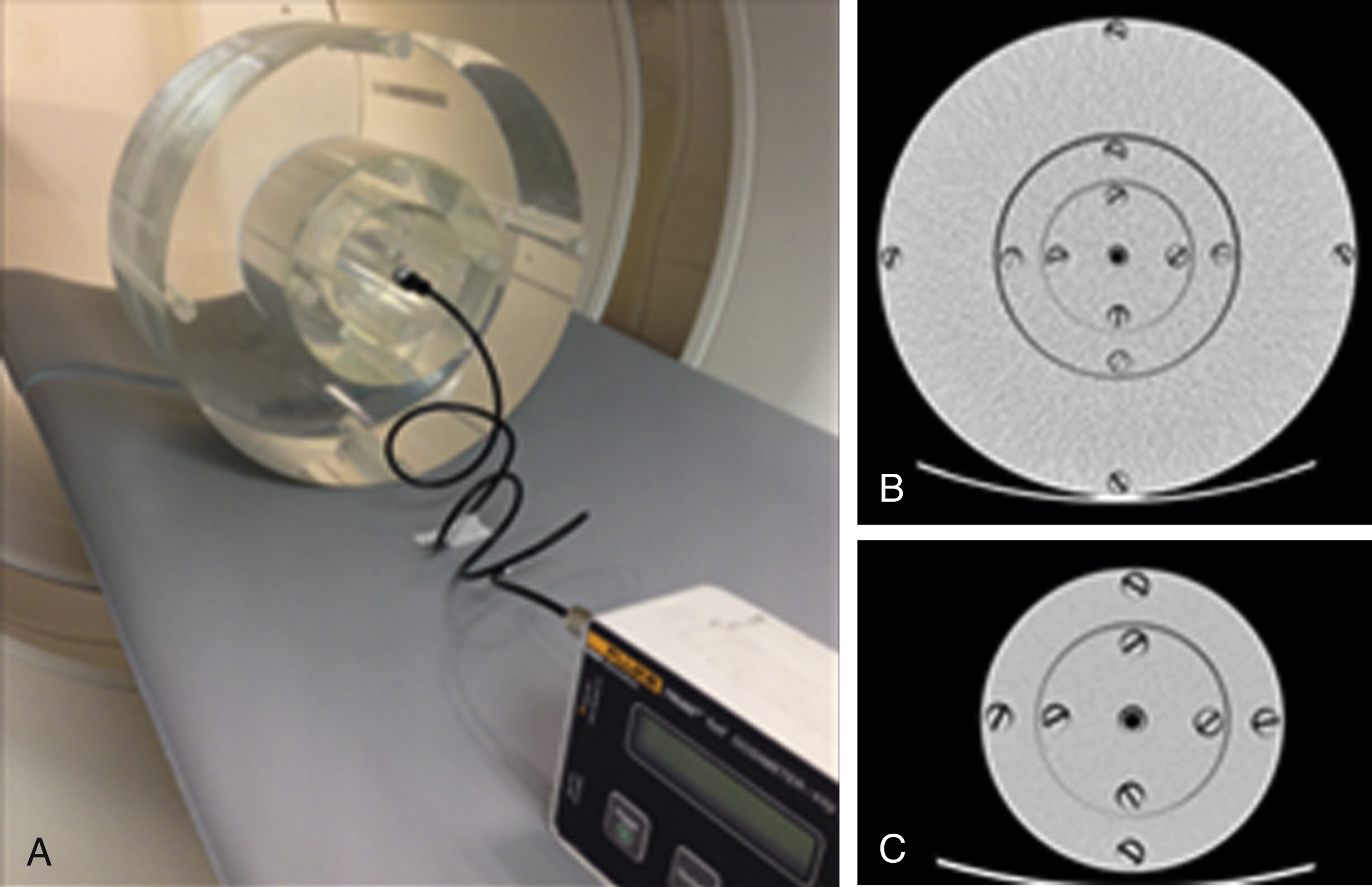 Fig. 22.1, (A–C) Computed Tomography Dose Index ( CTDI ) phantoms. DLP , Dose length product.