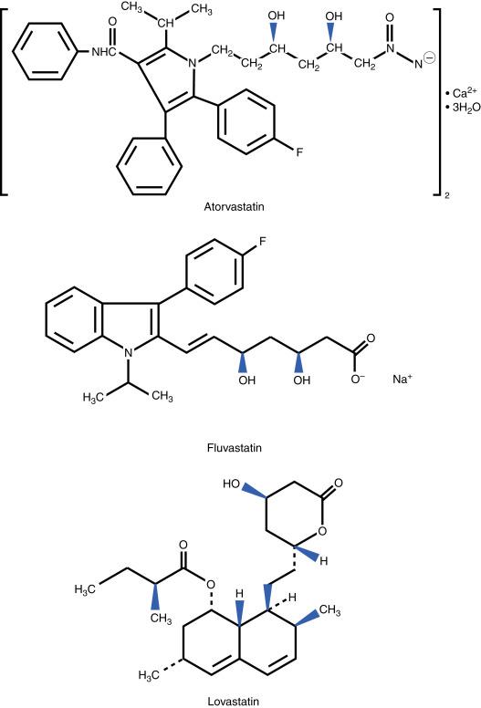 Fig. 39.2, Chemical structures of atorvastatin, fluvastatin, lovastatin, pravastatin, rosuvastatin, simvastatin.