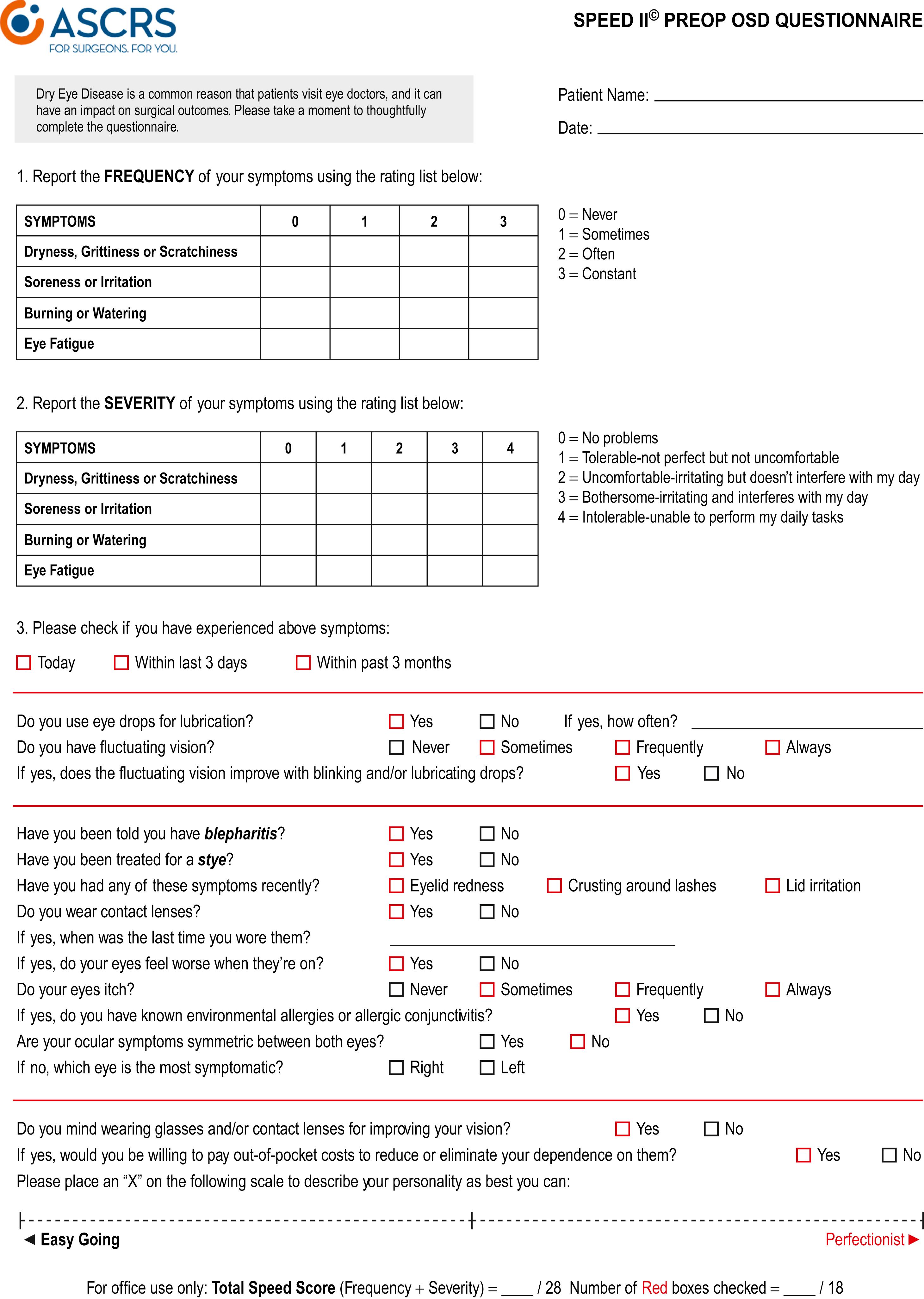 Fig. 31.4, ASCRS SPEED II preoperative ocular surface disease questionnaire.