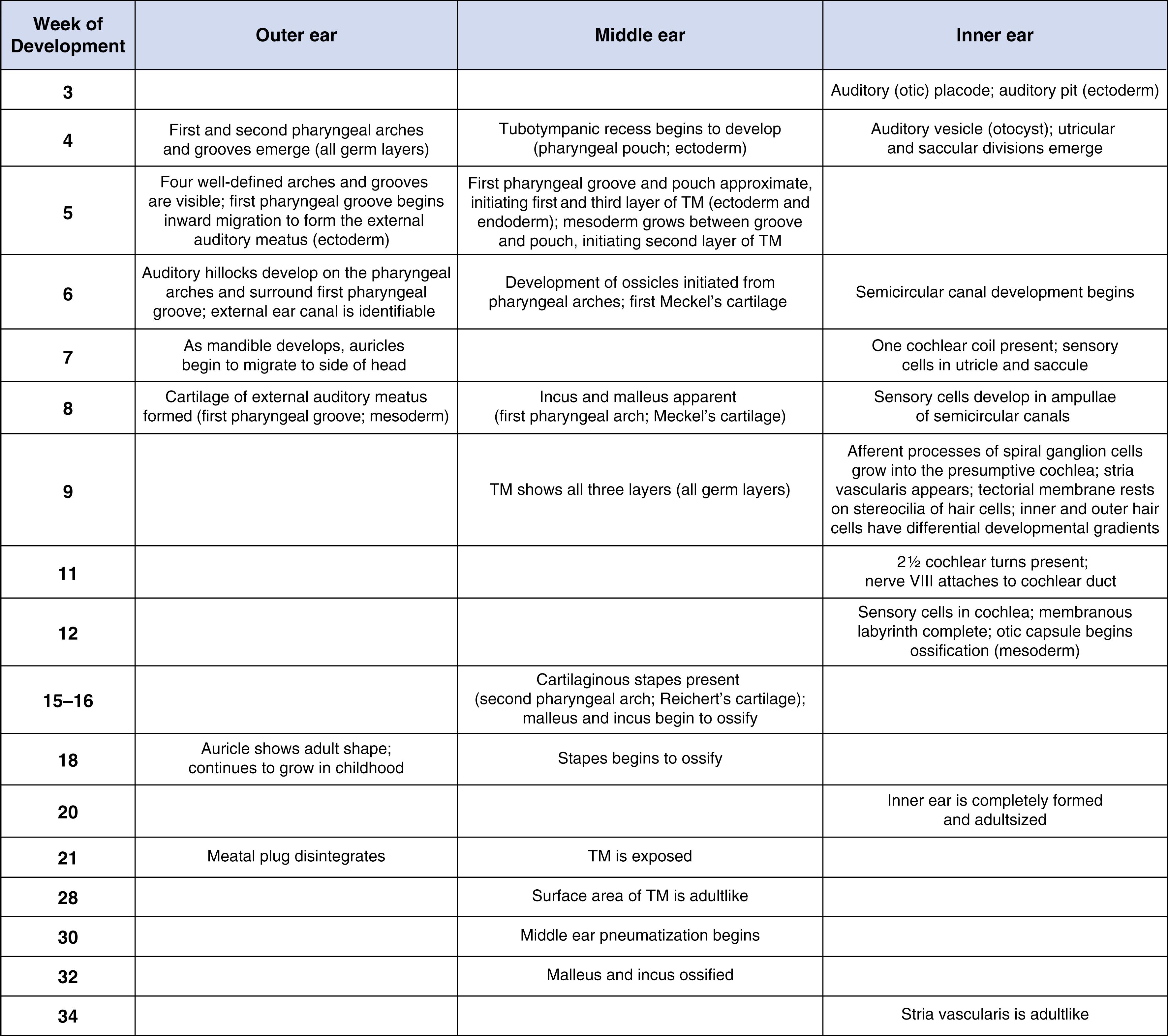 Fig. 135.3, Overview of milestones in human development of the outer, middle, and inner ear structures. TM , Tympanic membrane.