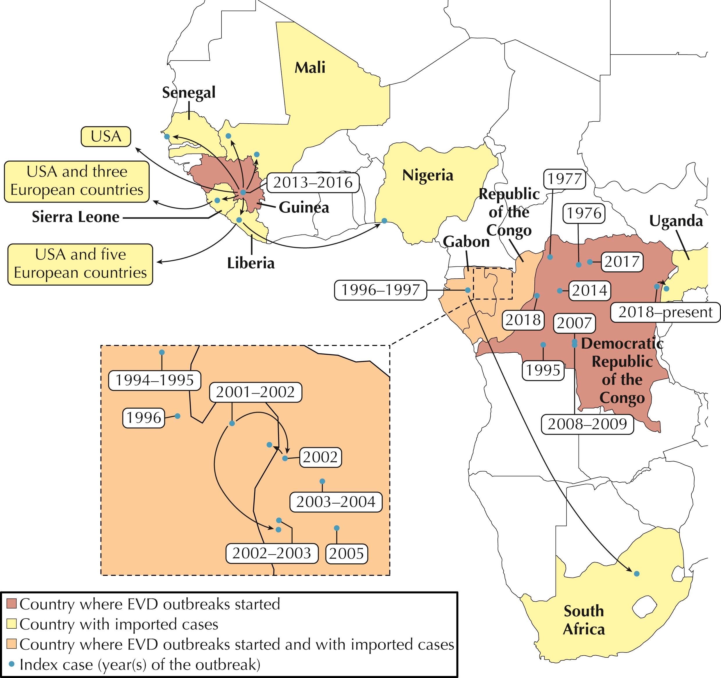 Fig. 94.1, Ebola virus disease (EVD) outbreaks.