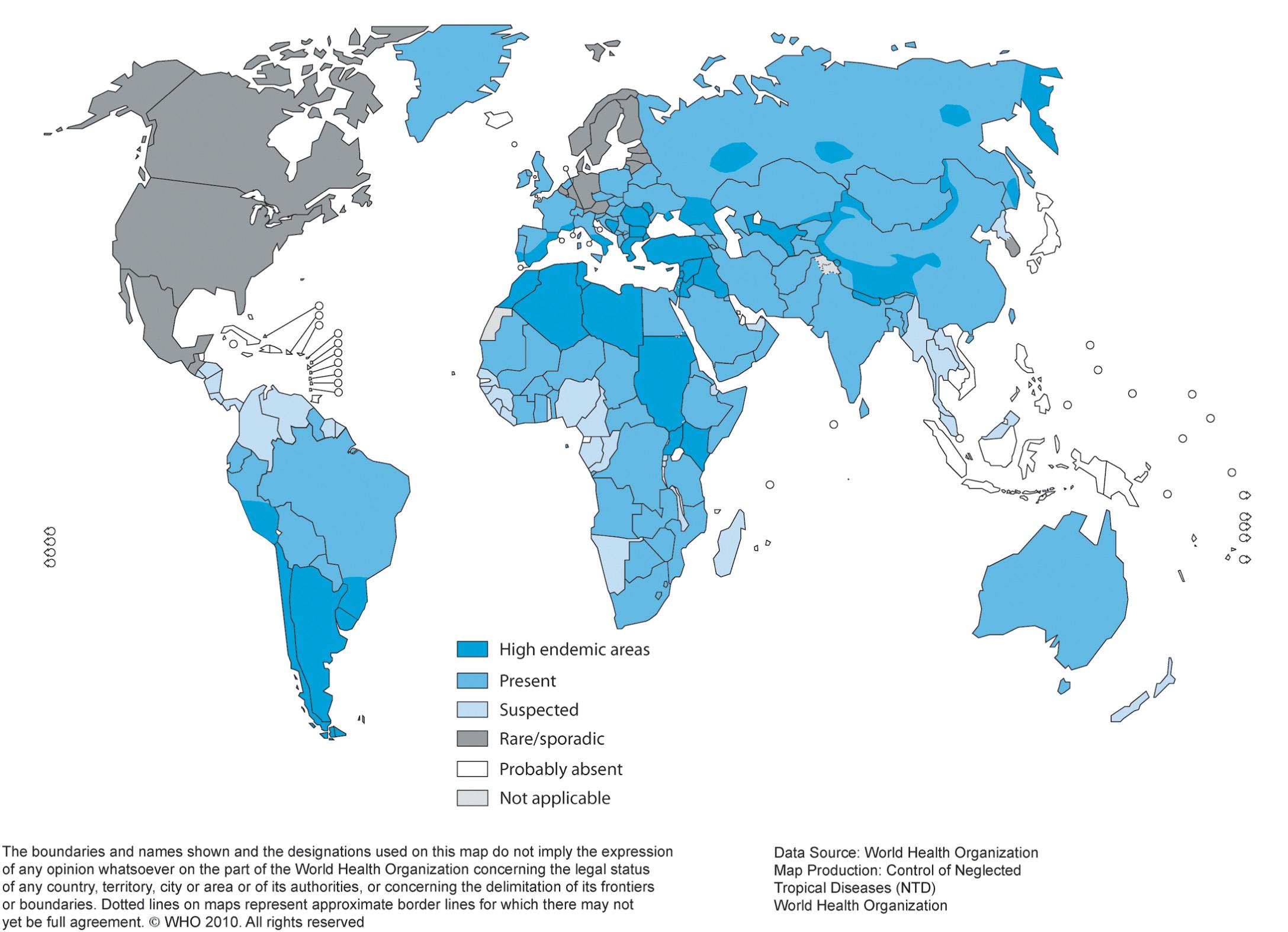 Fig. 330.1, Worldwide distribution of Echinococcus granulosus and cystic echinococcosis (hydatidosis), 2009.