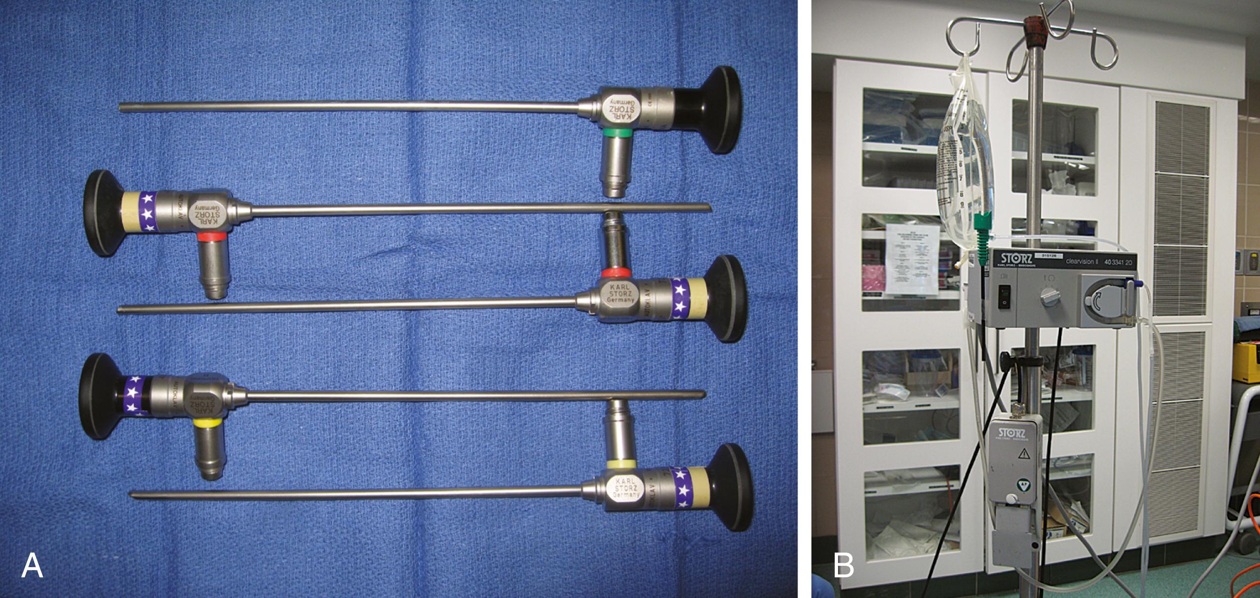 FIGURE 15.4, The sinonasal endoscopes used for endonasal pituitary surgery are 4 mm in diameter and 18 cm in length with 0-degree, 30-degree angled-up or angled-down, and 70-degree angled-up or angled-down lenses (A). The tube with the green base and black tip is the sheath of the Endoscope Lens Cleansing Device (Endoscrub, Xomed-Treace, Bristol-Myers Squibb, Jacksonville, FL). The base of the battery-powered lens cleansing device (Endovision, Karl Storz, Tuttlingen, Germany) is connected to the endoscope sheath and serves as a tool for cleaning the lens using foot pedal control (for forward irrigation of warm saline solution at the lens followed by brief reverse flow) without removing the endoscope from the surgical field (B).