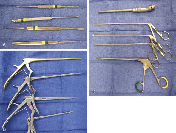 Fig. 28.5, Photographs of instruments used in the endoscopic resection of sellar and suprasellar tumors. (A) Freer elevator, suction Freer elevation, Cottle elevator, J-curette. (B) Kerrison rongeurs. (C) Long drill handpiece, straight-cutting instruments.