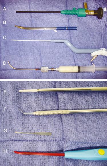 Fig. 29.7, Photographs of instruments used in endoscopic resection of intracranial tumors via a transplanum or sellar approach. (A) Endoscope with an Endoscrub lens-cleaning sheath. (B) Fifteen-degree endoscopic diamond bur. (C) Intraoperative transnasal Doppler imaging probe. (D) Gelfoam paste on an olive-tip suction device. (E) Straight Beaver blade. (F) Angled Beaver blade. (G) Arachnoid knife. (H) Slightly curved extended Colorado-tip Bovie.