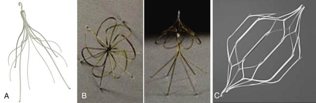 Figure 58-3, Examples of temporary inferior vena cava filters. A , Günther tulip. B , Simon Nitinol. C , OptEase/TrapEase.