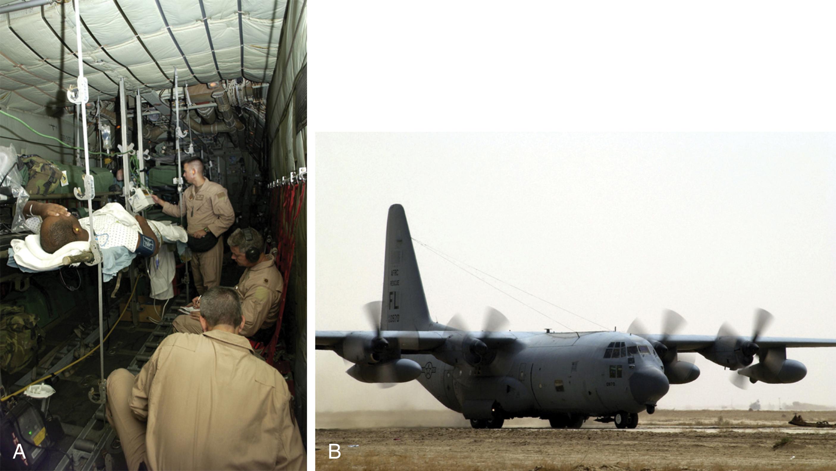 FIGURE 3, (A) Interior configuration of a Critical Care Air Transport Team onboard the (B) C-130 Hercules cargo aircraft