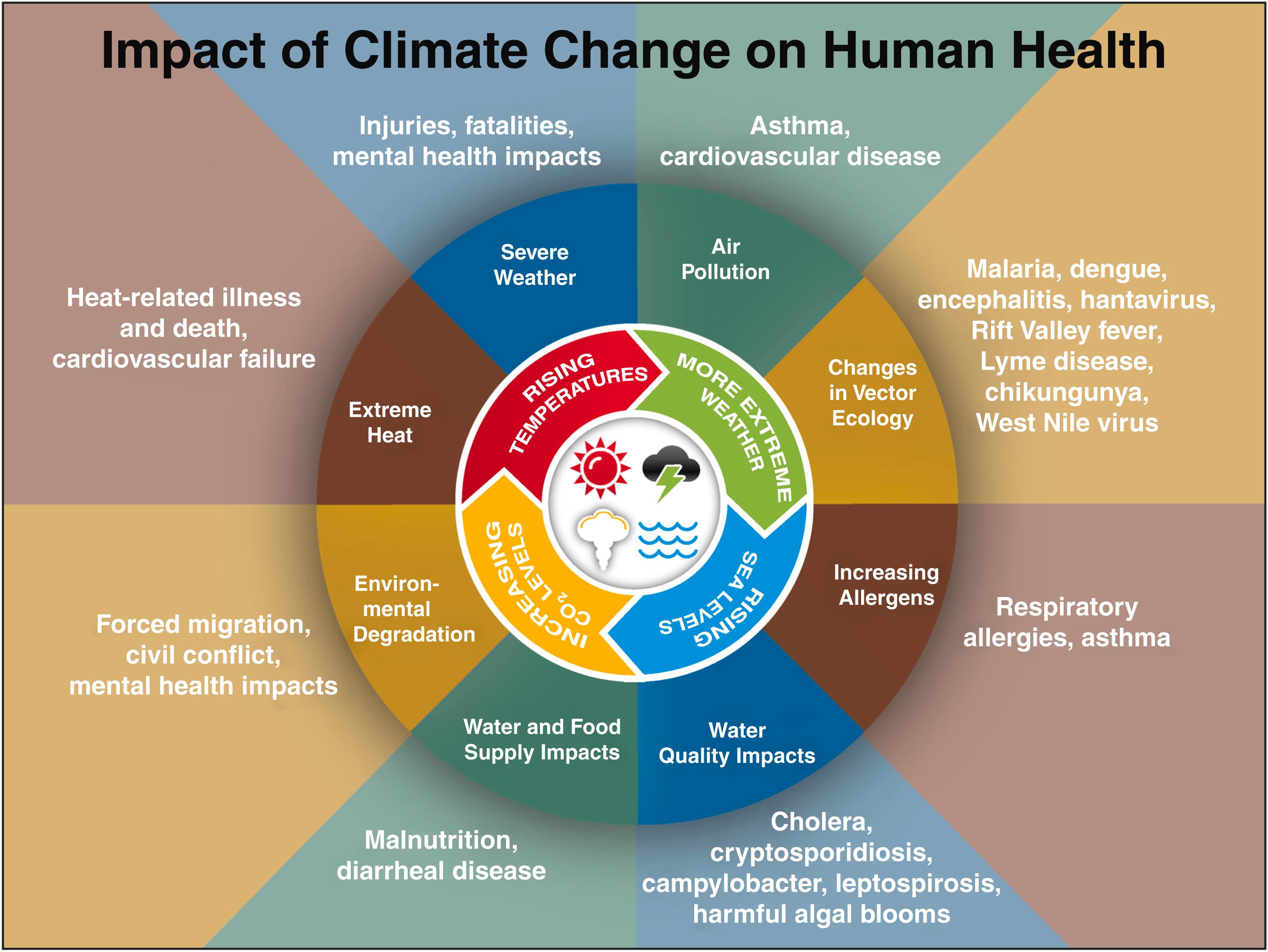 FIG. 7.1, Climate change impacts a wide-range of health outcomes. This slide illustrates the most significant climate change impacts (rising temperatures, more extreme weather, rising sea levels, and increasing carbon dioxide levels), their effect on exposures, and the subsequent health outcomes that can result from these changes in exposures.