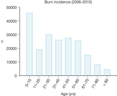 Fig. 3.3, Burn-specific injury statistics taken from the WISQARS database. These are the number of recorded injuries in each age group.