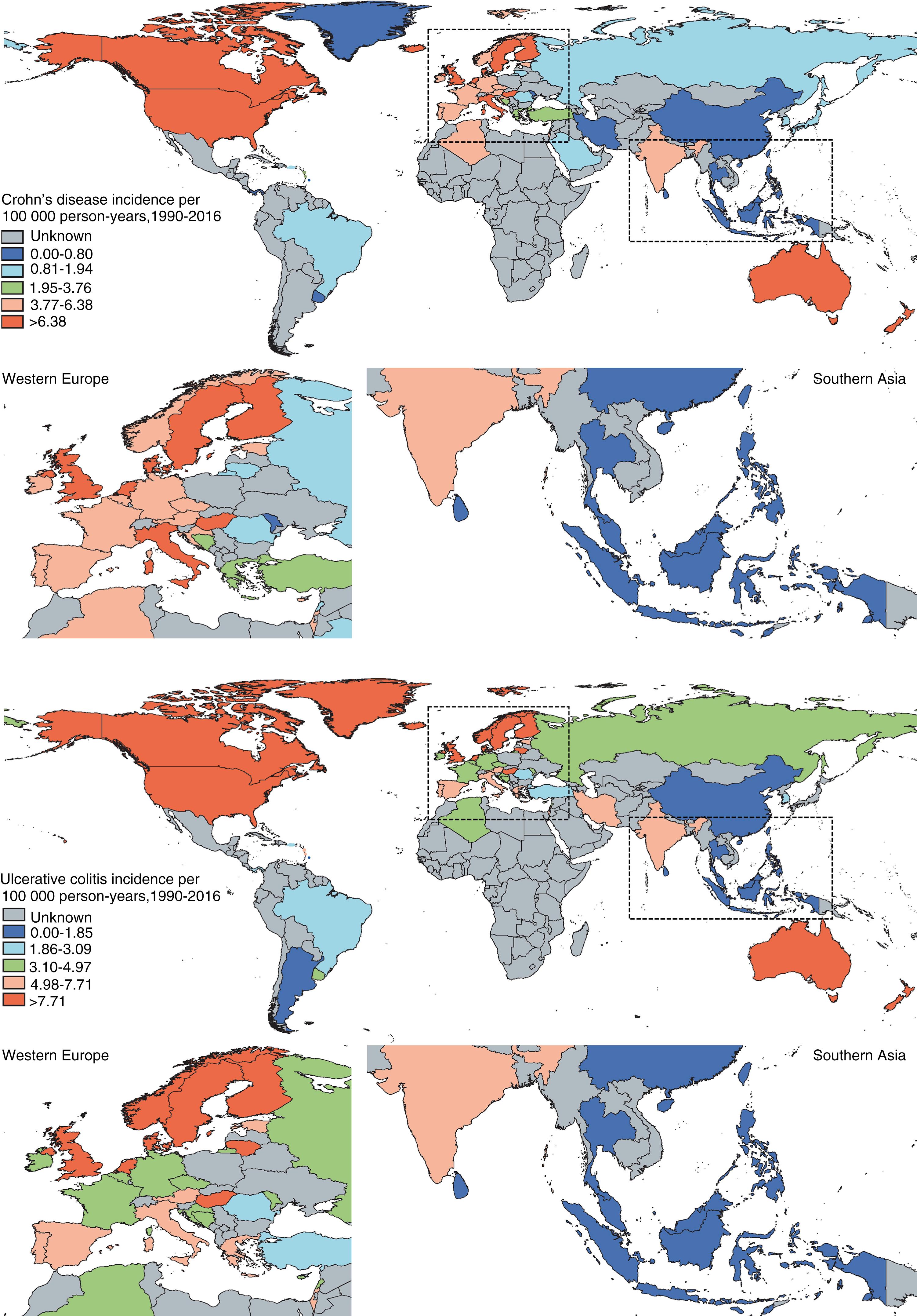 Fig. 115.1, Map of worldwide incidence (1990-2016) in quintiles for (A) CD and (B) UC. See text for details. 10