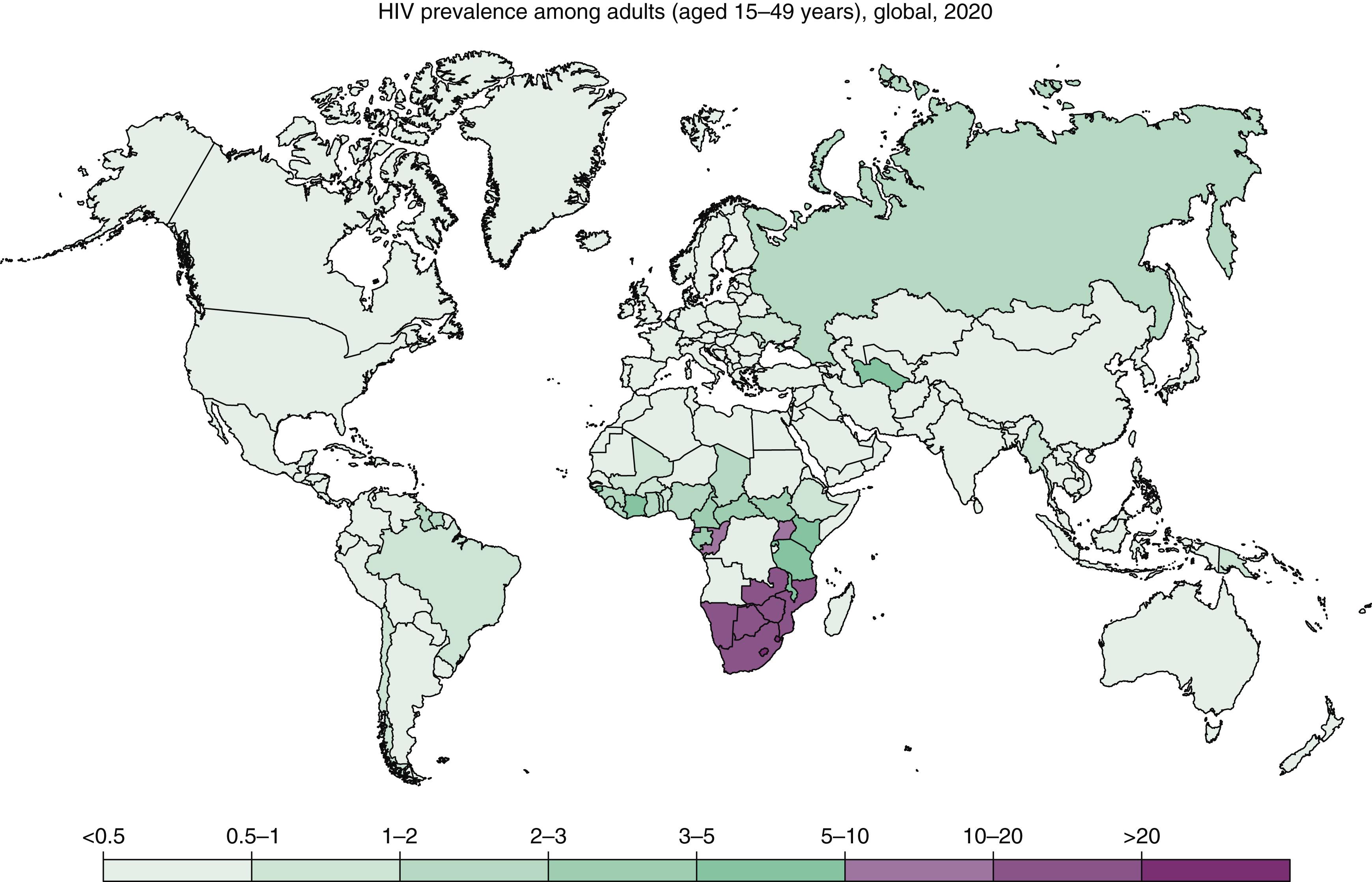 FIGURE 353-1, Prevalence of human immunodeficiency virus (HIV) among adults aged 15-49 years, 2020.