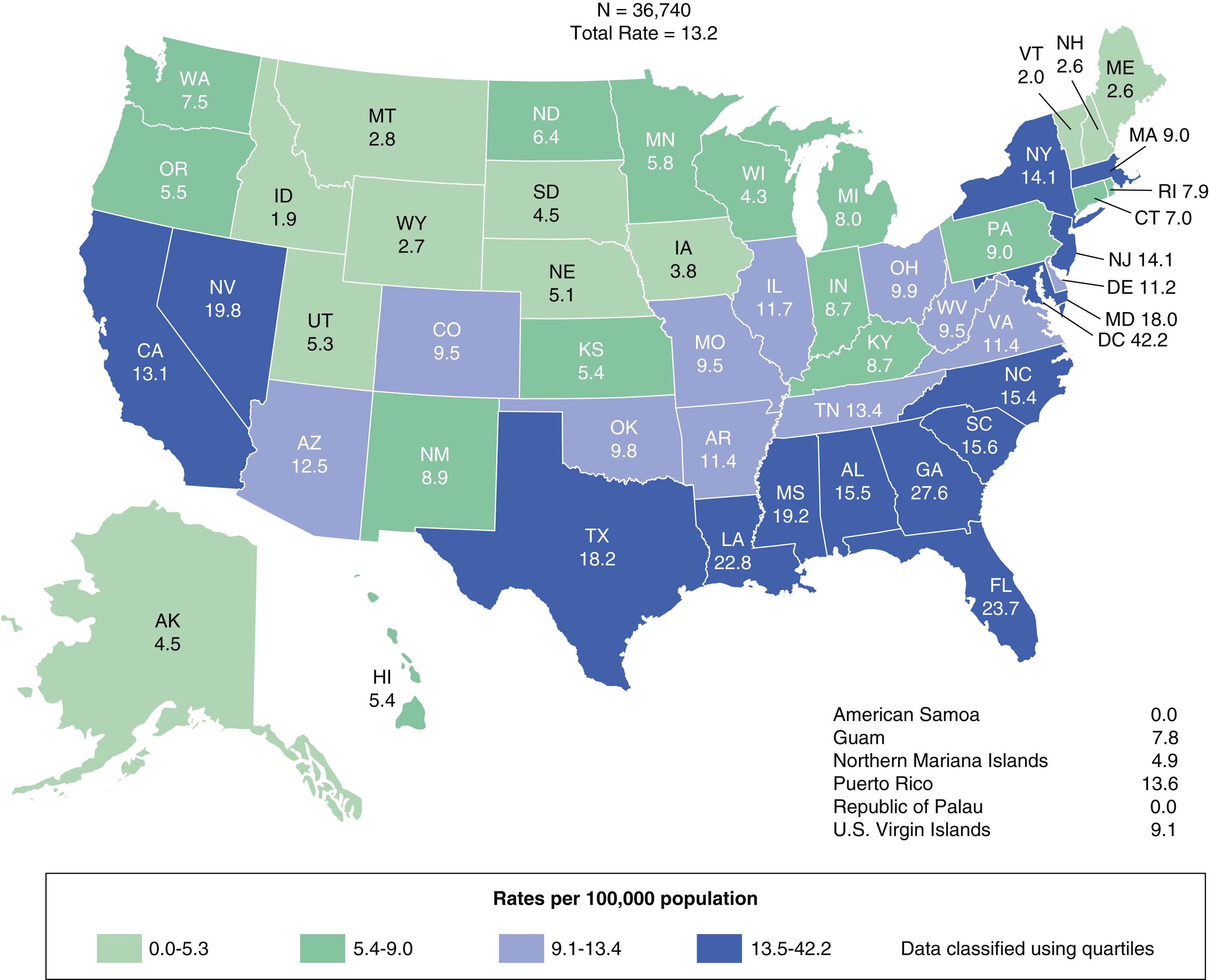 FIGURE 353-3, Rates of new diagnoses of human immunodeficiency virus infection among adults and adolescents, United States and 6 dependent areas, 2019.