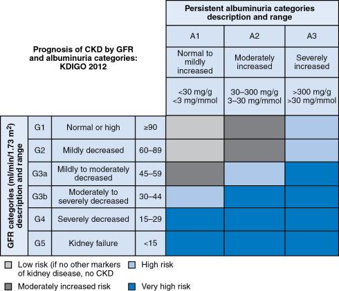 Figure 18.1., Prognosis of chronic kidney disease (CKD) by glomerular filtration rate (GFR) and albuminuria categories. The colors represent different risks. (Obtained with permission from Kidney Disease: Improving Global Outcomes (KDIGO) CKD Work Group. (2013). KDIGO 2012 clinical practice guideline for the evaluation and management of chronic kidney disease. Kidney International Supplement, 3 (1), 1–150.)